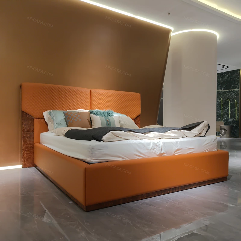 Modern Double Sets Mattress Room Bed Furniture for Orange Home Headboard Upholstered Italian Size Room Bed Furniture
