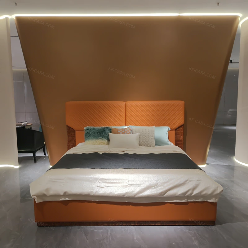 Modern Double Sets Mattress Room Bed Furniture for Orange Home Headboard Upholstered Italian Size Room Bed Furniture