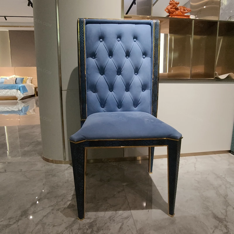 Blue Tufted Velvet Dining Chair with Snake Texture & Gold Stainless Steel Accents