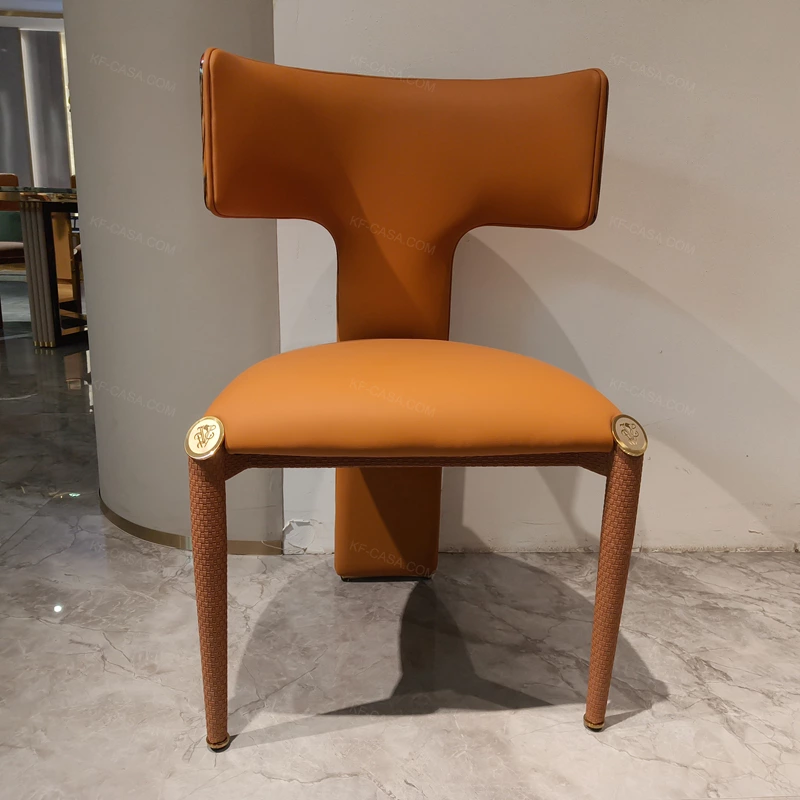 T-Shaped Natural Wood Veneer Back Dining Chair with Orange Leather