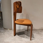 T-Shaped Natural Wood Veneer Back Dining Chair with Orange Leather