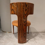 T-Shaped Natural Wood Veneer Back Dining Chair with Orange Leather