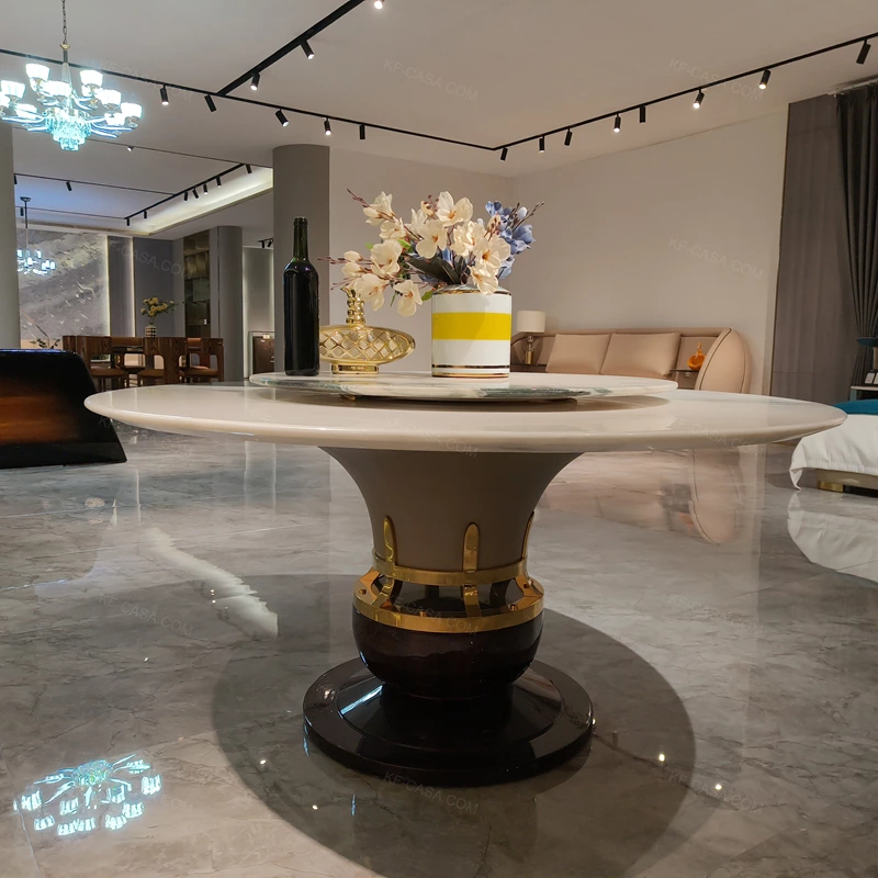 White Marble Round Dining Table with Green Landscape Veining & Sculptural Gold-Accented Base