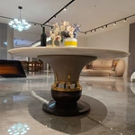 White Marble Round Dining Table with Green Landscape Veining & Sculptural Gold-Accented Base