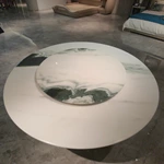 White Marble Round Dining Table with Green Landscape Veining & Sculptural Gold-Accented Base