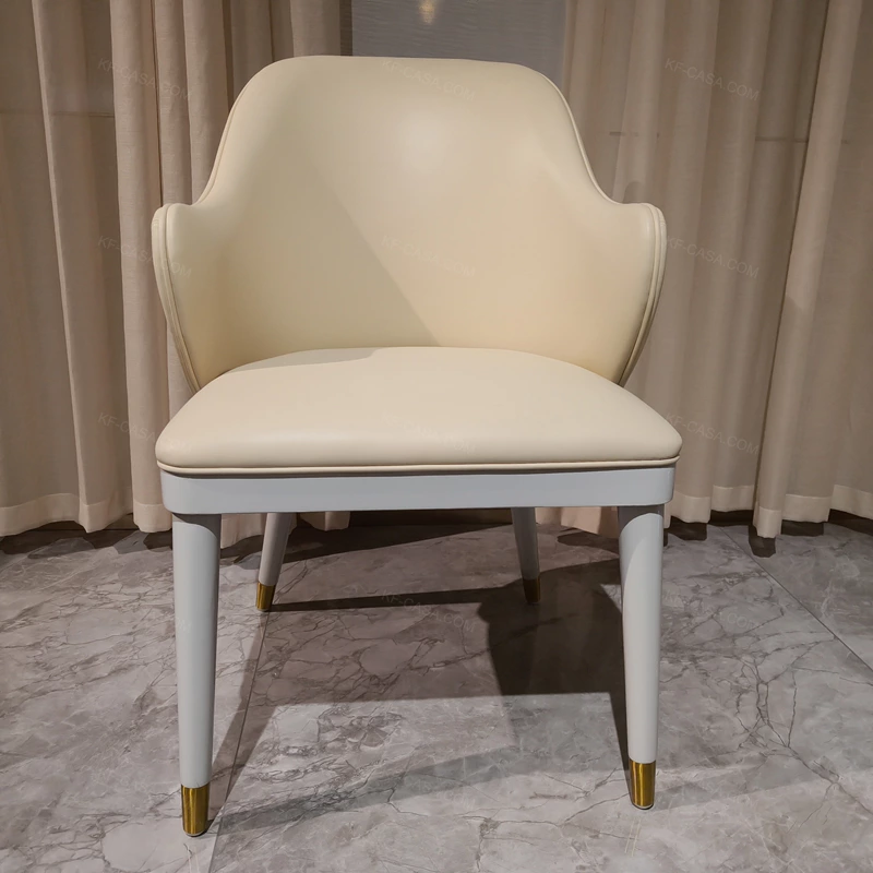 Light Beige Leather Dining Chair with Striped Natural Wood Veneer Back