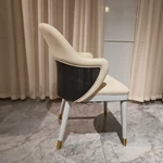 Light Beige Leather Dining Chair with Striped Natural Wood Veneer Back