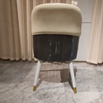 Light Beige Leather Dining Chair with Striped Natural Wood Veneer Back