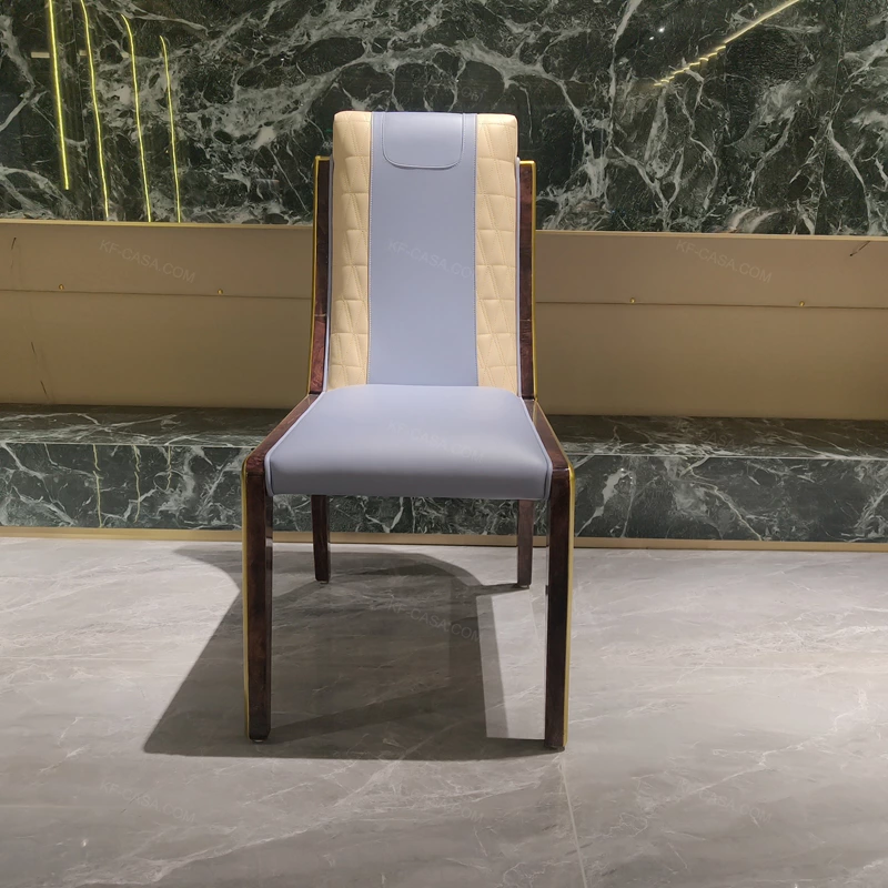 Two-Tone Quilted Leather Dining Chair with Dark Natural Wood Veneer & Gold Accents