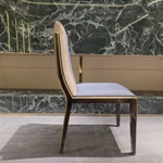 Two-Tone Quilted Leather Dining Chair with Dark Natural Wood Veneer & Gold Accents