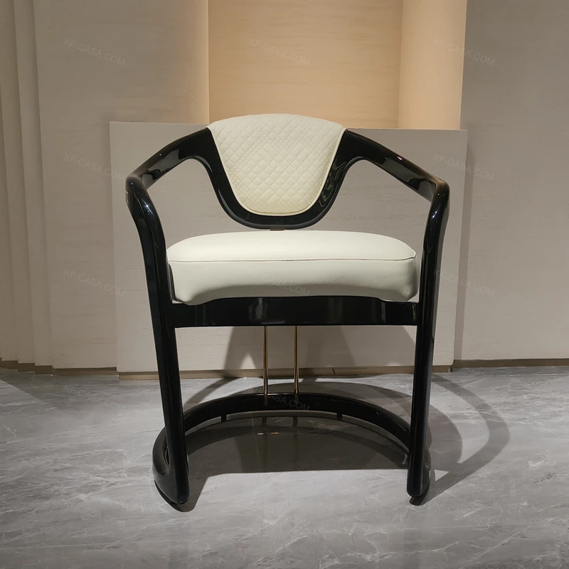 Quilted Leather Dining Chair with Black Natural Wood Veneer & Gold Accents