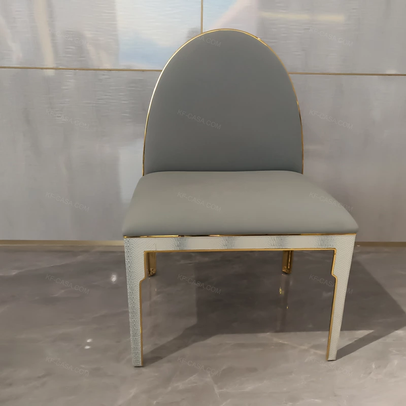 Light Grey Arched Back Dining Chair with Crocodile-Embossed Natural Wood Veneer Frame & Gold Stainless Steel Accents