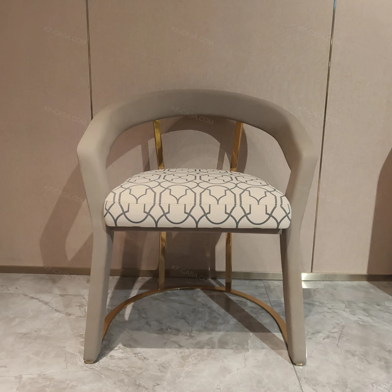 Curved Light Grey Leather Dining Chair with Geometric Pattern Seat & Gold Stainless Steel Frame