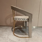 Curved Light Grey Leather Dining Chair with Geometric Pattern Seat & Gold Stainless Steel Frame