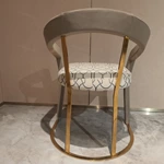 Curved Light Grey Leather Dining Chair with Geometric Pattern Seat & Gold Stainless Steel Frame