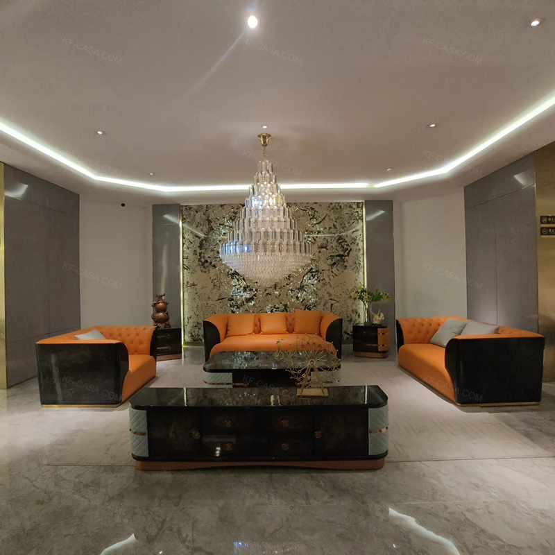 Orange & Black Leather Sofa Set with Tufted Detailing, Natural Wood Veneer Accents & Gold Stainless Steel Hardware