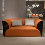 Orange & Black Leather Sofa Set with Tufted Detailing, Natural Wood Veneer Accents & Gold Stainless Steel Hardware