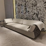 Luxury Light Beige Leather 1~4 Seater Sofa with Stainless Steel Back Frame & Decorative Lacing Detail