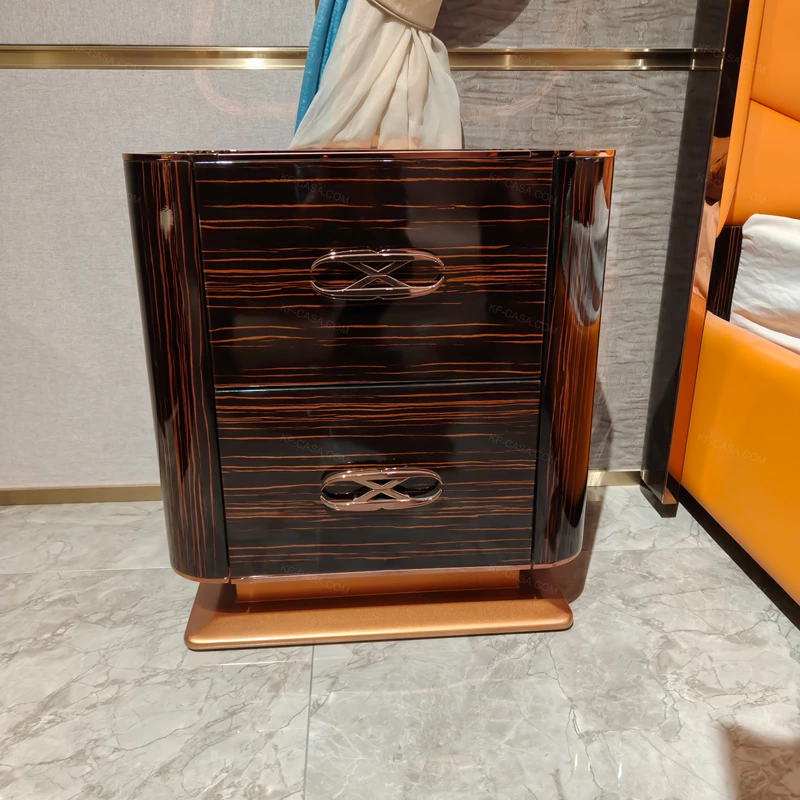 Natural Wood Veneer High-Gloss Two-Drawer Nightstand with Stainless Steel Accents