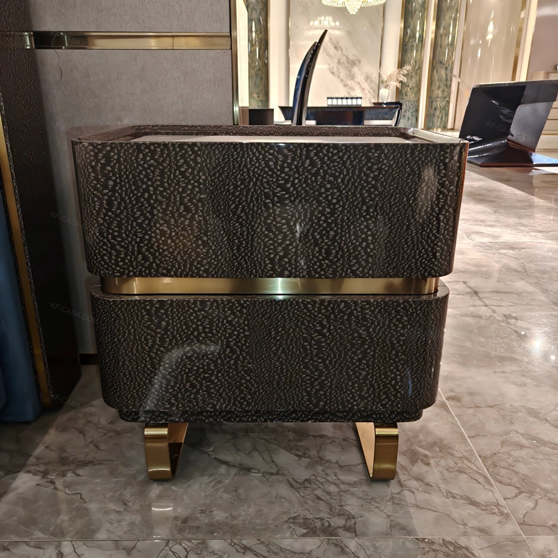 Textured Natural Wood Veneer Two-Drawer Nightstand with White Tabletop & Gold Stainless Steel Accents