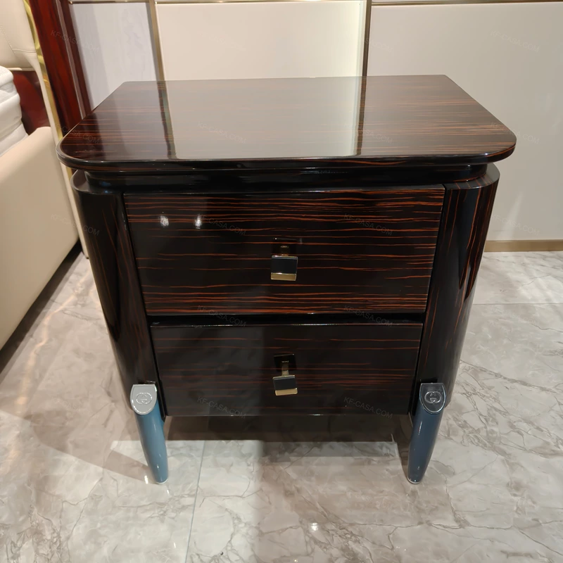 Natural Wood Grain Veneer Two-Drawer Nightstand with Stainless Steel Details