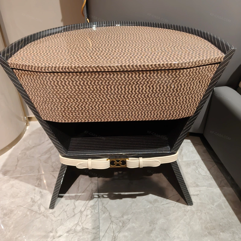 Luxury Natural Wood Veneer Nightstand | Woven Panel + Stainless Steel Accents + Leather Strap Design