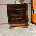 Natural Wood Veneer High-Gloss Two-Drawer Nightstand with Stainless Steel Accents