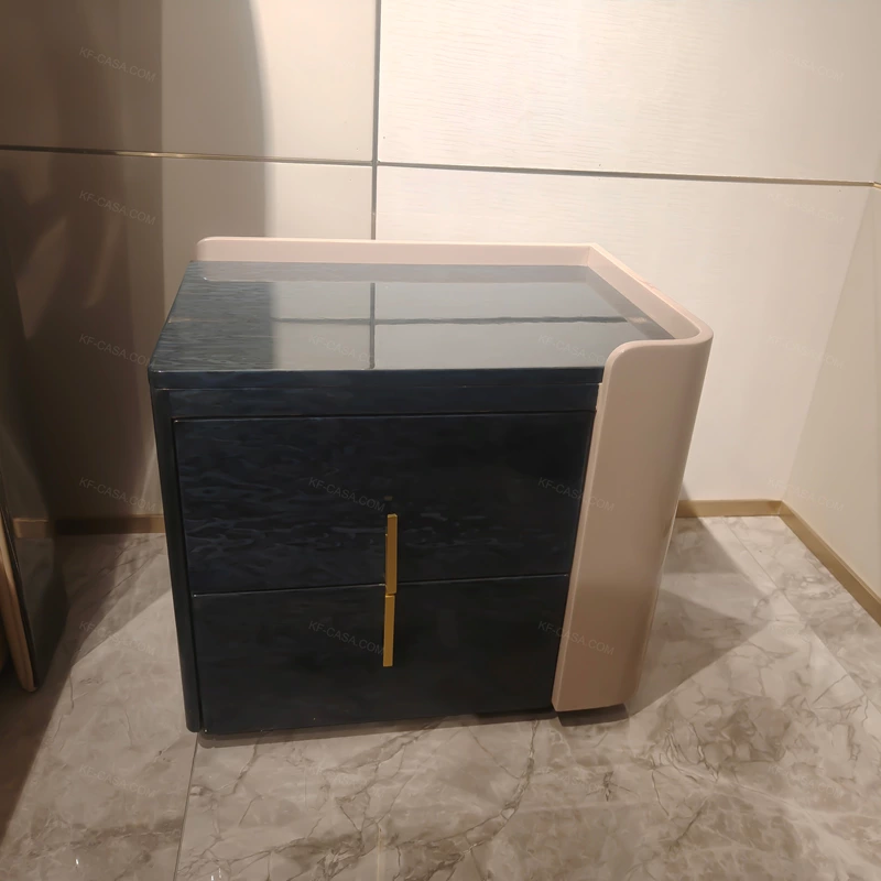 Navy Natural Wood Veneer Nightstand with Blush Accents & Stainless Steel Handles