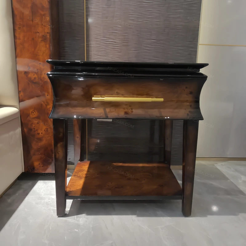 Burl Natural Wood Veneer Nightstand with Polished Stainless Steel Handle & Open Shelf