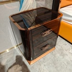 Natural Wood Veneer High-Gloss Two-Drawer Nightstand with Stainless Steel Accents