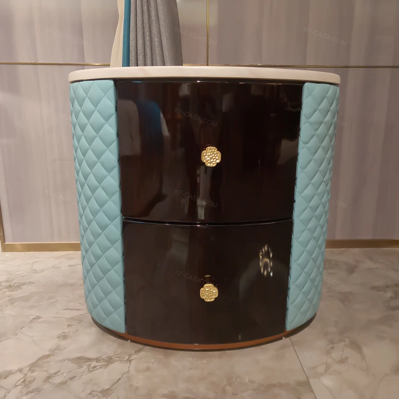 Curved Nightstand with Turquoise Quilted Leather & Black Natural Wood Veneer + Marble Top