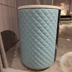 Curved Nightstand with Turquoise Quilted Leather & Black Natural Wood Veneer + Marble Top