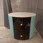 Curved Nightstand with Turquoise Quilted Leather & Black Natural Wood Veneer + Marble Top