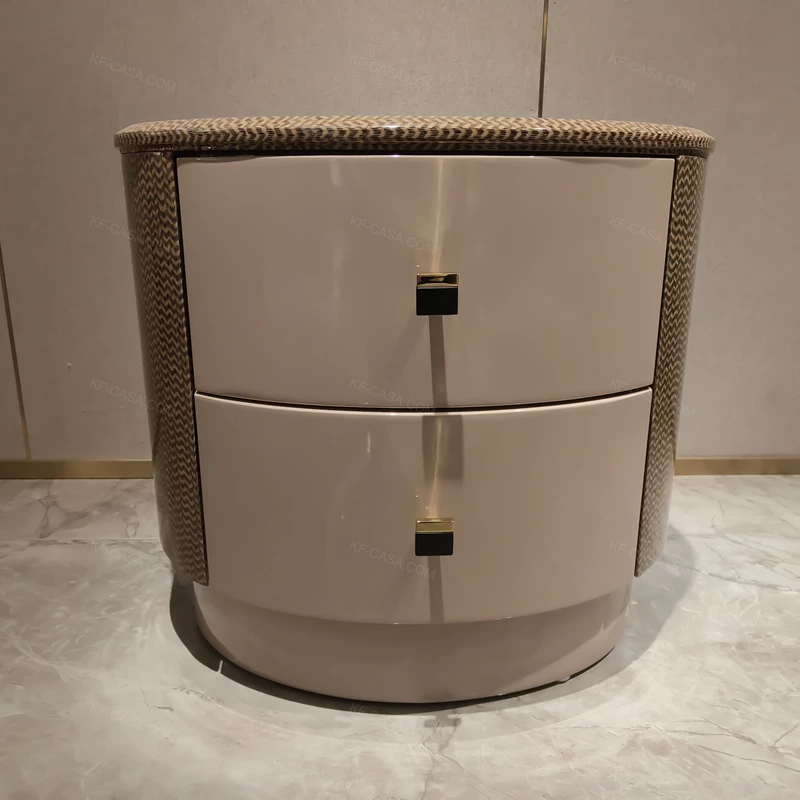 Curved Beige Nightstand with Woven Accents & Stainless Steel Hardware
