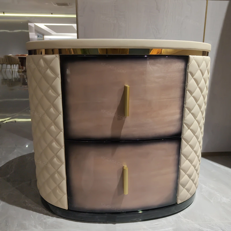 Quilted Leather & Blush Natural Wood Veneer Nightstand with Stainless Steel Accents