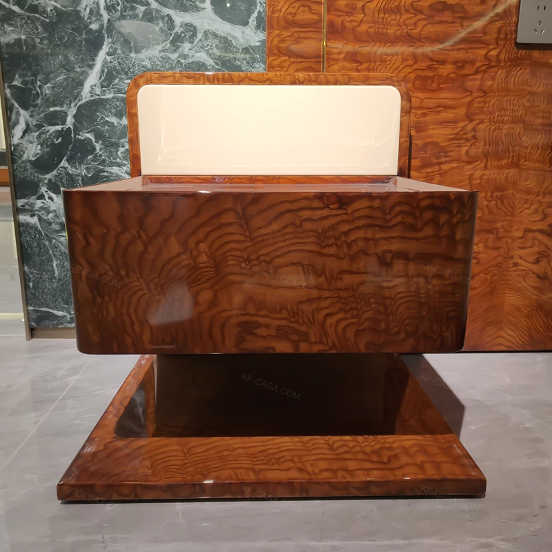 Burl Natural Wood Veneer Nightstand with Cream Accent Panel & Floating Base