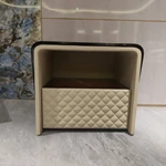 Quilted Leather & Natural Wood Veneer Nightstand with Open Shelf & Contrast Trim