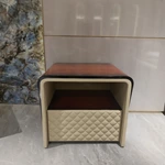 Quilted Leather & Natural Wood Veneer Nightstand with Open Shelf & Contrast Trim