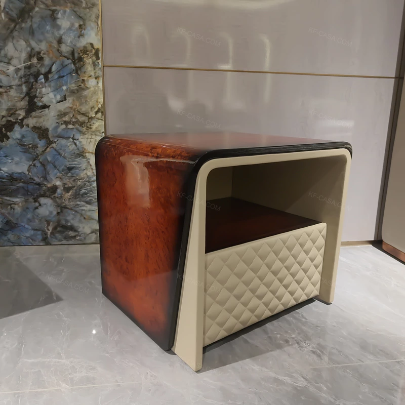 Quilted Leather & Natural Wood Veneer Nightstand with Open Shelf & Contrast Trim