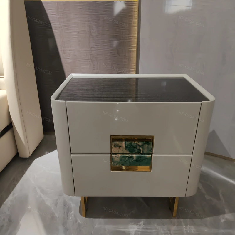 Soft Neutral Nightstand with Marble-Inset Stainless Steel Hardware & Contrast Top