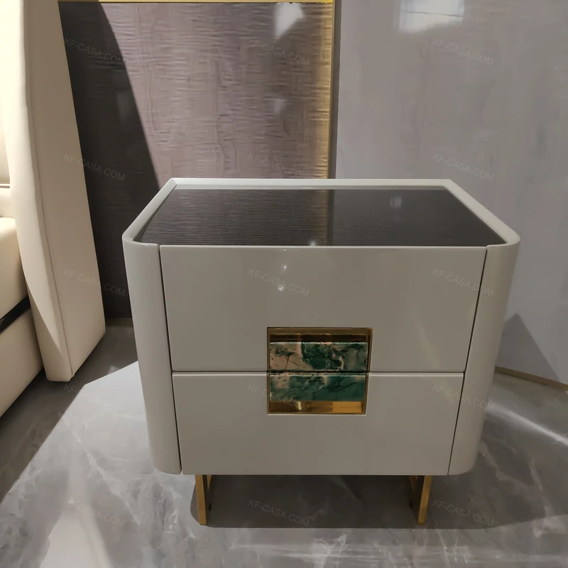 Soft Neutral Nightstand with Marble-Inset Stainless Steel Hardware & Contrast Top