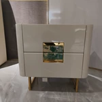 Soft Neutral Nightstand with Marble-Inset Stainless Steel Hardware & Contrast Top