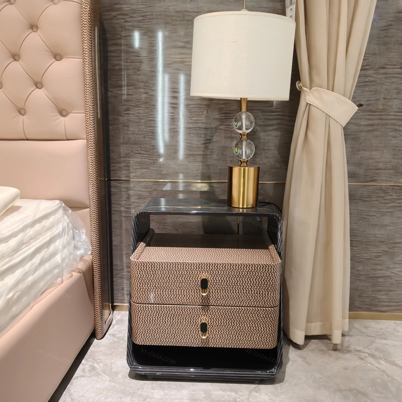 Natural Wood Veneer Two-Drawer Nightstand with Woven Drawers & Gold Stainless Steel Handles