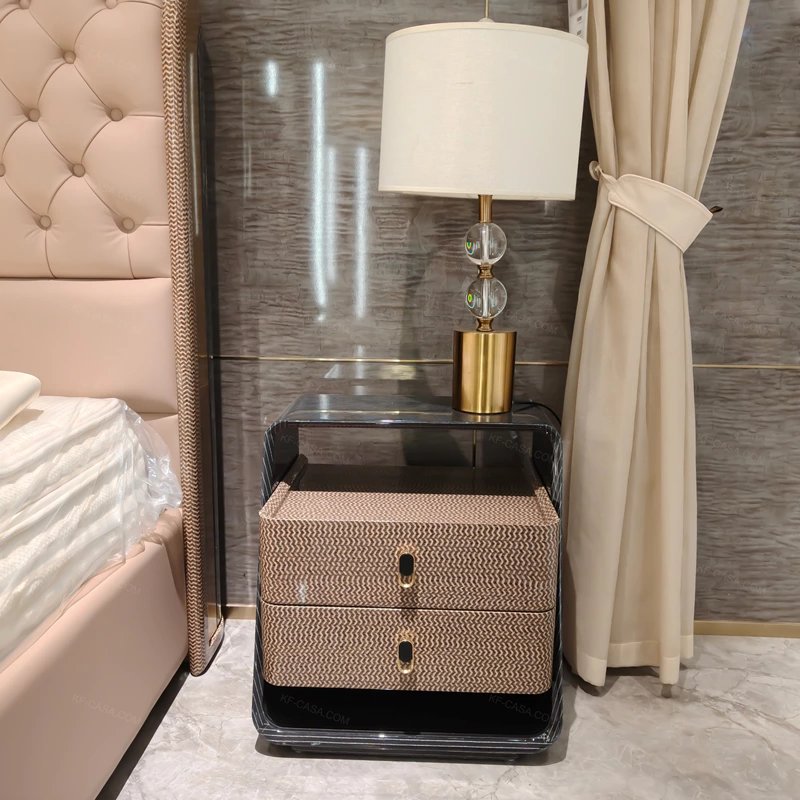 Natural Wood Veneer Two-Drawer Nightstand with Woven Drawers & Gold Stainless Steel Handles