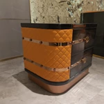 Orange & Black Leather Sofa Set with Tufted Detailing, Natural Wood Veneer Accents & Gold Stainless Steel Hardware