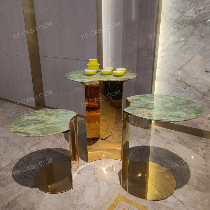 Free-Form Green Marble Side Table Set with Sculptural Gold Pedestals